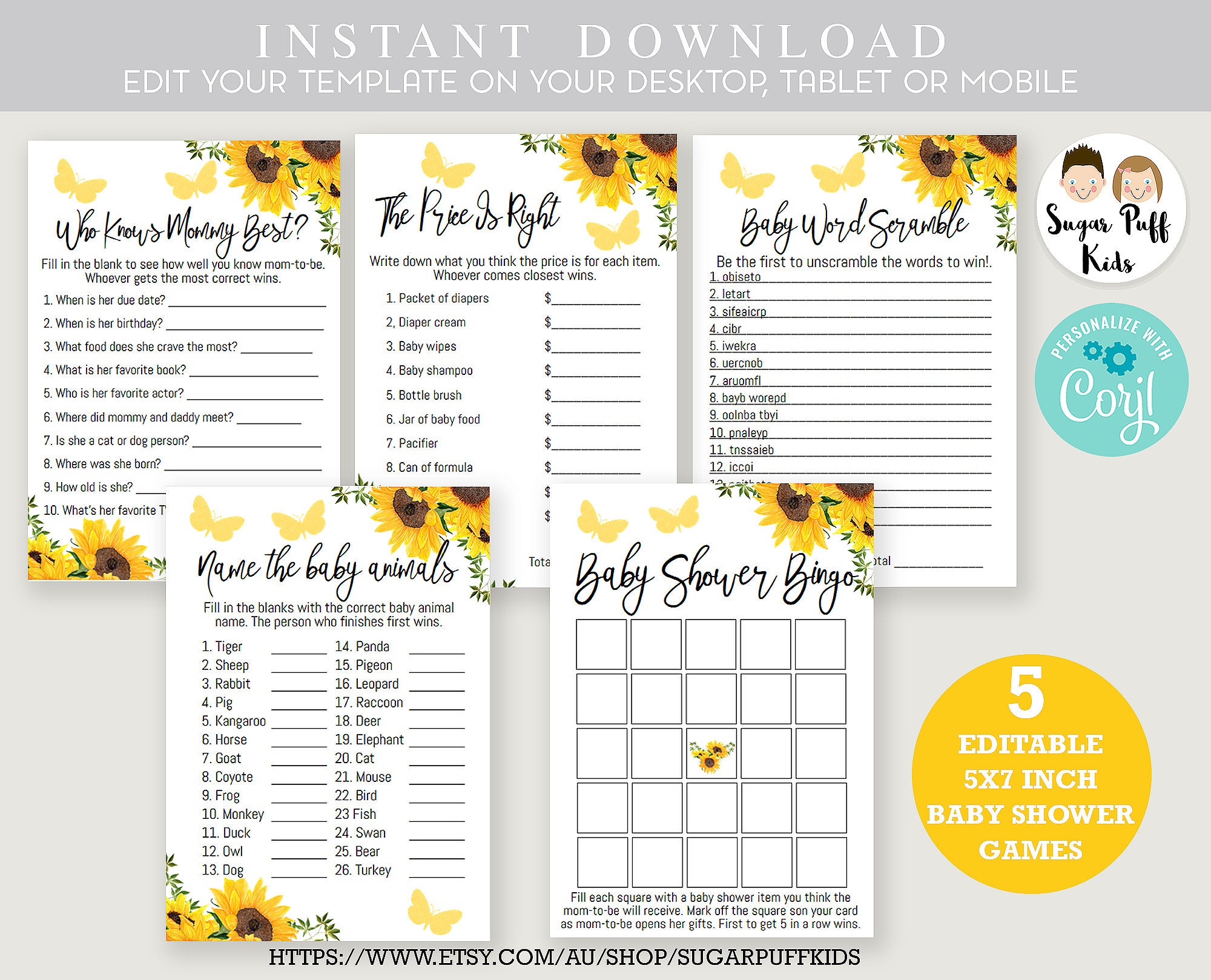 Sunflowers Baby Shower Games Printable Sunflowers Butterfly Etsy