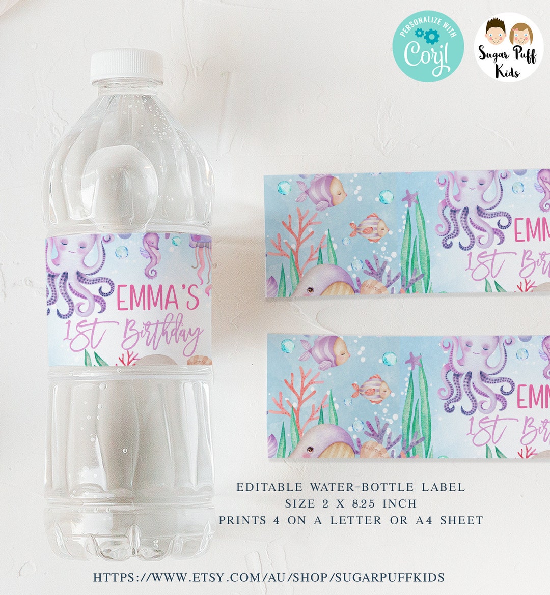 Editable Under the Sea Purple Octopus Water Bottle Wrappers, Instant ...
