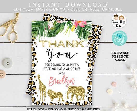 Girls Safari Thank You Card Jungle Animals Thank You Card - Etsy Girls Safari Thank You Card Jungle Animals Thank You Card - Etsy