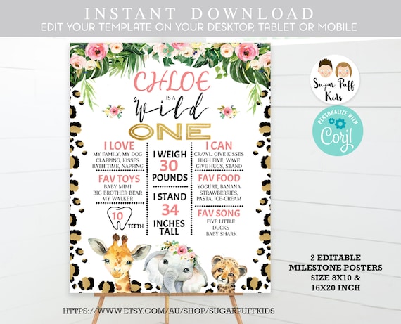 Girls safari wild one milestone, Wild one poster, 1st Birthday Safari ...
