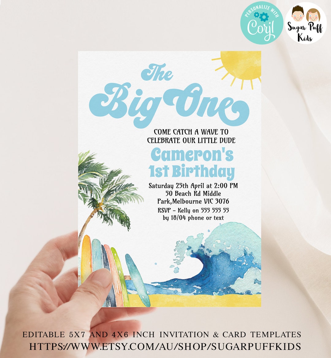 Printable the Big One 1st Birthday Invitation, First Birthday Surfing ...