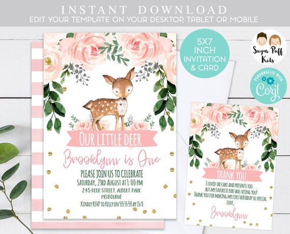Editable Deer Birthday Invitation, Printable Little Deer Birthday Invitations, Little Deer Floral Birthday Invitation, Little deer invite, Il_570xn
