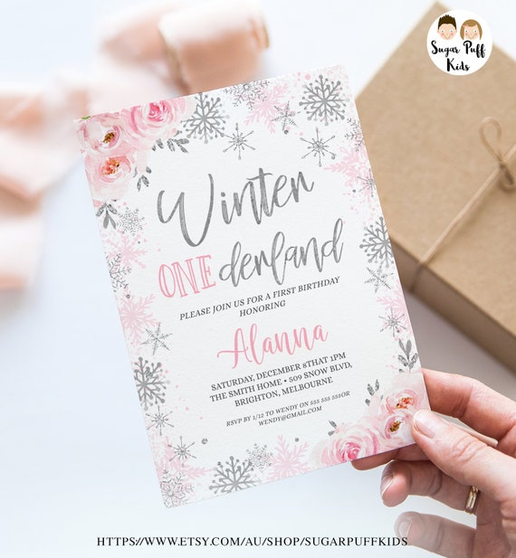 Editable Winter Onederland 1st Birthday Invitation, Winter Snowflakes One-derland Birthday Party, Printable Pink Floral Silver Winter Invite Il_570xn