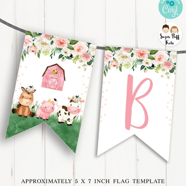 Printable Pink Farmyard Happy Birthday Banner, Editable Pink Barn Birthday Bunting, Instant Download Pink Floral Farm Barnyard Party Decor