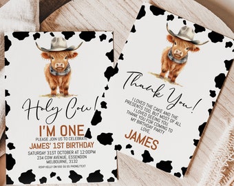 Highland Cow 1st Birthday Invitation, Editable Holy Cow Invite, Instant Download Boys Highland Cow Invite, Cow Cowboy Hat, Black Cow Print