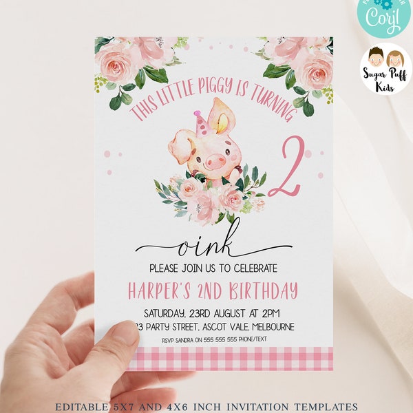 Printable Pink Floral This Little Piggy Birthday Invitation, Editable Piggy invitation, Instant Download Pink Floral Pig Invite, Pink Plaid