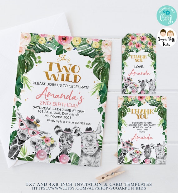 Editable Safari two wild invitation, Printable drawn safari animal