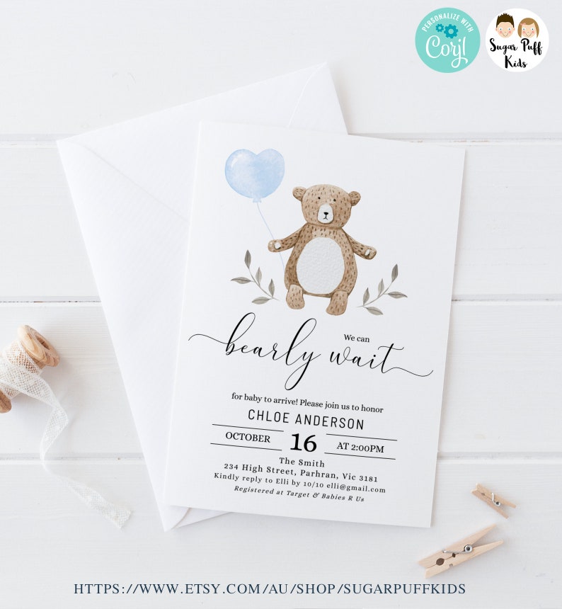 Printable Bearly Wait Baby Shower Invitation, Bearly Wait Folding Card, Teddy Bear Baby Shower Inserts, Diaper Raffle, Book Request, Corjl image 2