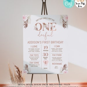 Editable Rose Pink Boho Floral Onederful Birthday Milestone Board, Printable Pink Floral Onederful 1st Birthday Milestone Poster, Instant