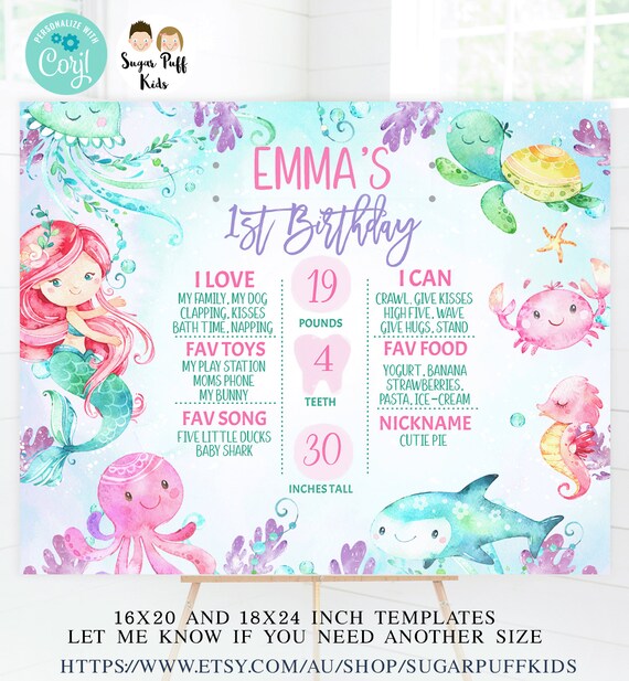 Editable Under The Sea Mermaid Birthday Milestone Poster, Printable Red hair Mermaid Under the Sea Milestone Board, Instant Download Il_570xn