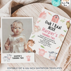 Faire-part d&#39;anniversaire modifiable ferme moderne Oink Baa Moo, invitation d&#39;anniversaire animaux de la basse-cour filles imprimable, modèle d&#39;invitation photo de basse-cour
