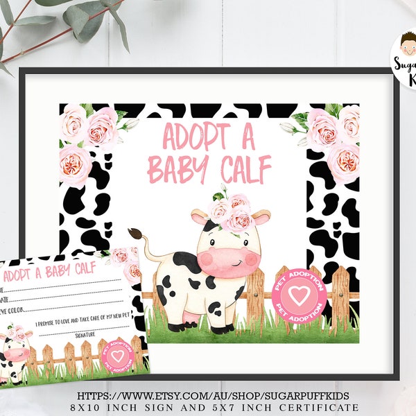 Instant adopt a calf sign and certificate, Girls adopt an animal sign, Cow adoption sign certificates, Farm Animals Calf Adoption Sign,