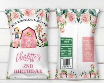 Editable Girl's Pink Floral Farm Chip Bag Printable, Instant Download Scarecrow Farm Themed Chip Bag , Printable Birthday Farmyard Barnyard