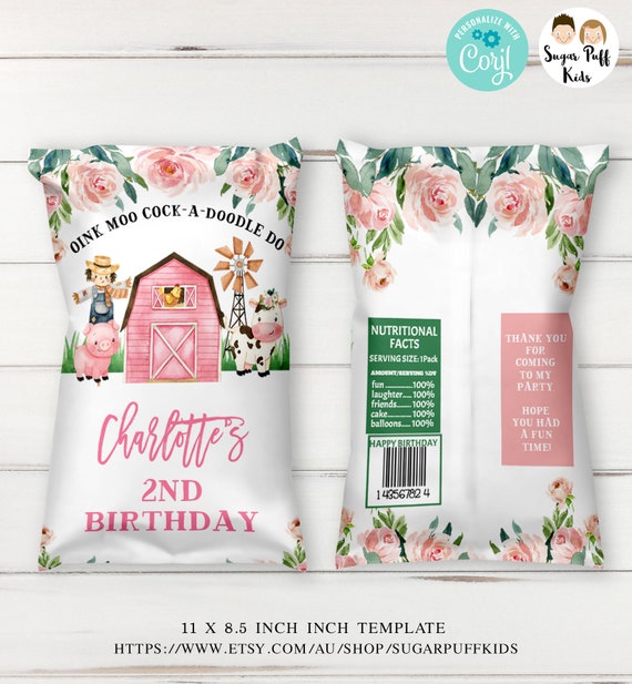 Editable Girl's Pink Floral Farm Chip Bag Printable, Instant Download Scarecrow Farm Themed Chip Bag , Printable Birthday Farmyard Barnyard Il_570xn
