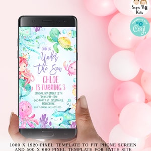 Editable Electronic Under the Sea Mermaid Birthday Invitation,  Sea Creatures Mermaid Text Invite, Instant Phone Evite Sea Critters Invite