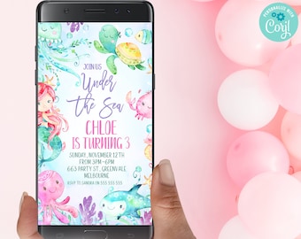 Editable Electronic Under the Sea Mermaid Birthday Invitation,  Sea Creatures Mermaid Text Invite, Instant Phone Evite Sea Critters Invite