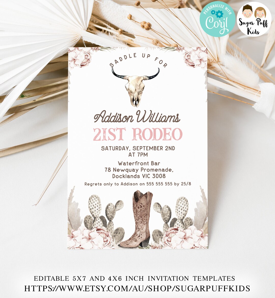 Editable Cowgirl 21st Birthday Party Invitation,girls 21st Rodeo ...