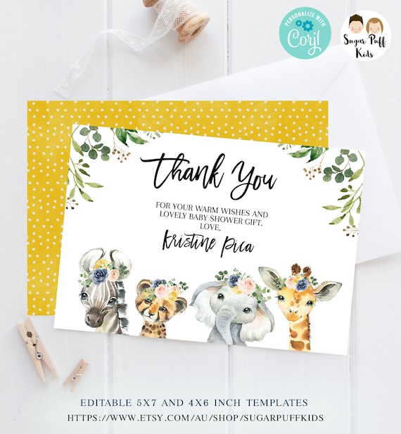 Printable Blue Pink Floral Safari Animals Baby Shower Thank You card