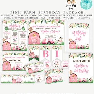 Printable Pink Farmyard Birthday Party Printable Package, Editable Floral Farm Party Decor, Instant Barnyard Birthday Party Printables,