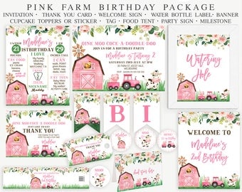 Printable Pink Farmyard Birthday Party Printable Package, Editable Floral Farm Party Decor, Instant Barnyard Birthday Party Printables,