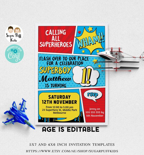 Editable Superhero Birthday Invitation, Printable Superhero 1st Birthday Invite, Instant Superhero Comic, Calling All Superheroes Invite Il_570xn