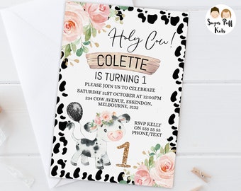Printable Pink Floral Cow First Birthday Invite, Editable Girls Holy Cow Print 1st Birthday invite, Instant Download Cow Print invitation