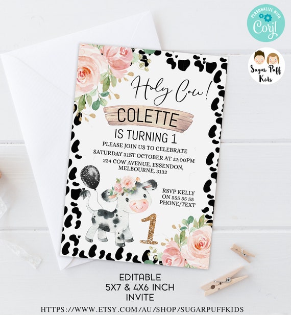 Printable Pink Floral Cow First Birthday Invite, Editable Girls Holy Cow Print 1st Birthday invite, Instant Download Cow Print invitation Il_570xn