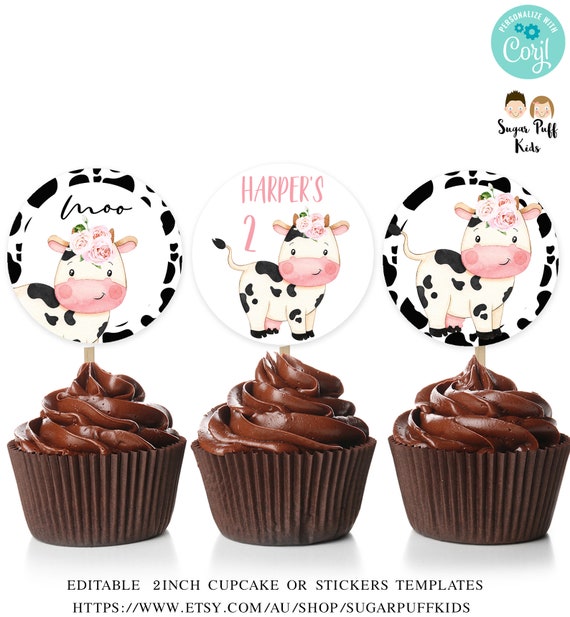 Printable Pink Floral Cow Cupcake Toppers Editable Cow Birthday Cake Printable Pink Floral Cow Cupcake Toppers Editable Cow Birthday Cake