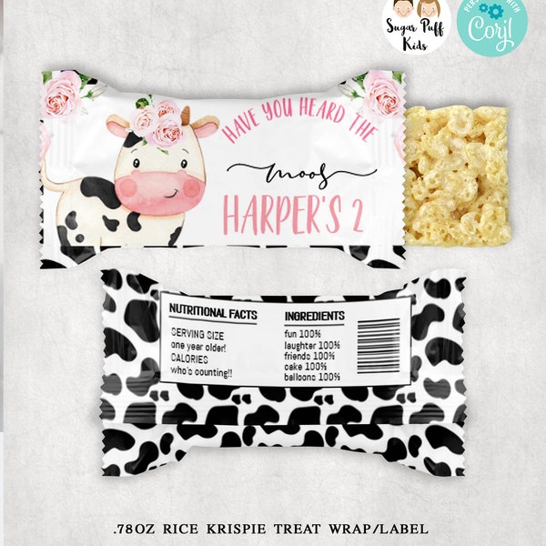 Printable Cow Rice Krispie Treat Wrap Label Wrapper, Girls Cow Rice Krispy Wrapper,Editable Have you heard the moos cow Krispie rice wrap,C1