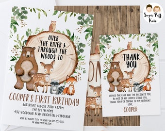 Instant Download Woodland Animals Foliage Birthday Invitation, Editable Boys Woodland Invite, Printable Tree Stump Birthday Woods Invitation