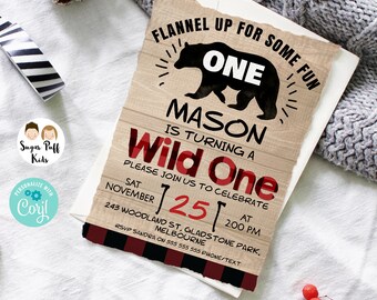 EDITABLE Instant Download Lumberjack First Birthday Invitation, Buffalo Plaid Invitation, Bear Wilderness Birthday Woodland Wild One Bear