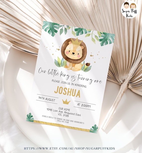 Printable Our Little King Lion Birthday Invite, Editable Lion Themed Birthday Invitation, Instant Download Foliage Lion Crown First Birthday Il_570xn