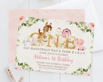 Printable Pink Farmyard First Birthday Invitation, Editable Barnyard 1st Birthday invite, Instant Download Pink Floral Farm Invite, Gold One