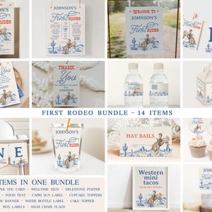 Blue Red First Rodeo Birthday Bundle, Rodeo Party Decor, 1st Rodeo Birthday Invite Boy, Bronco, Wild West,Printable Cowboy Birthday Bundle