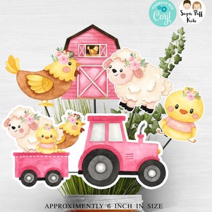 Instant Pink Farmyard Animals Centerpieces, Set of 4 Farm Animal Cutouts, Printable pink barn cutouts 6 inch, Pink Farm Birthday Party Decor