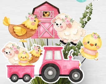 Instant Pink Farmyard Animals Centerpieces, Set of 4 Farm Animal Cutouts, Printable pink barn cutouts 6 inch, Pink Farm Birthday Party Decor
