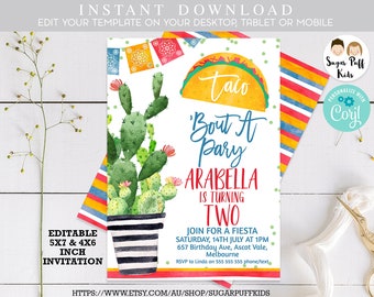 Taco bout a party birthday invitations, Fiesta birthday invitation, Fiesta First birthday invitation, Cactus birthday invitation, Succulents