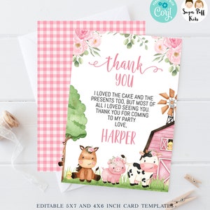 Editable floral pink farm thank you card, Printable pink barn birthday thank you card, Instant download girls farm themed thank you card,