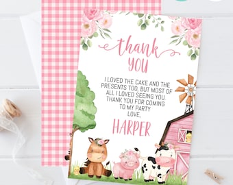 Editable floral pink farm thank you card, Printable pink barn birthday thank you card, Instant download girls farm themed thank you card,