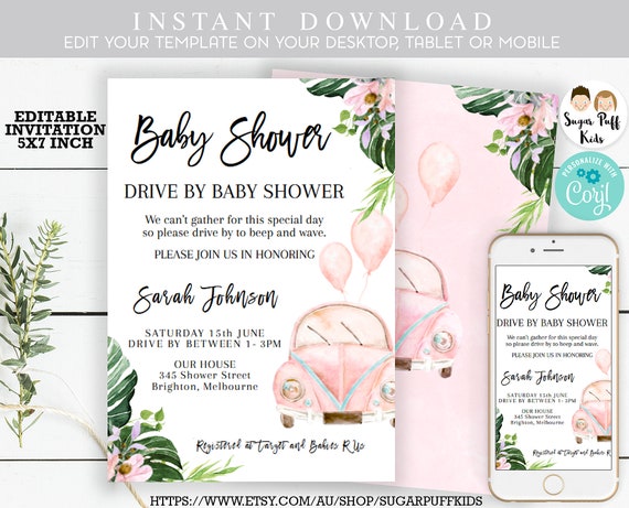 Download Paper Party Supplies Templates Baby Shower Instant Download Printable Editable Pink Baby Shower Parade Invitation Editable Floral Drive By Baby Shower Invitation Girl