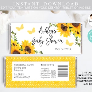 Sunflowers Butterfly Kisses Baby Shower Candy Wrapper PRINTABLE, Yellow Baby Shower Candy Bar Wrapper, Sunflowers chocolate wrapper,