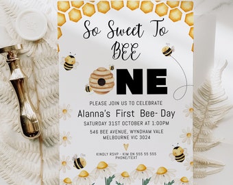 Printable So Sweet To Bee First Birthday Invitation, Editable Girls Bumble Bee Daisy 1st Birthday invite, Daisies Bee Invitation Template