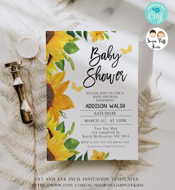 Editable sunflowers baby shower invitations, Printable sunflower ...
