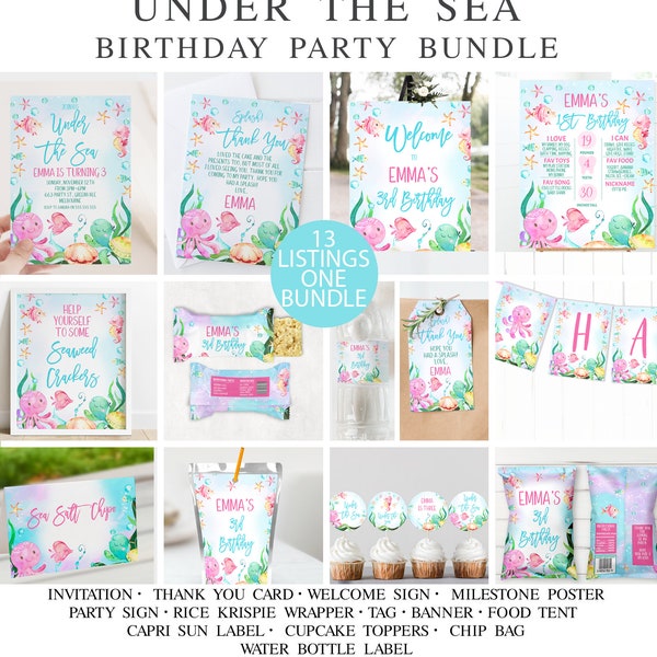 Party Printable Under the Sea Bundle, Editable Under the Sea Birthday Party Decor, Instant Download Sea Creatures Birthday Party Printables