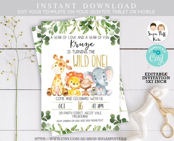 Boys Safari Wild One Birthday Invitation Jungle Animals 1st