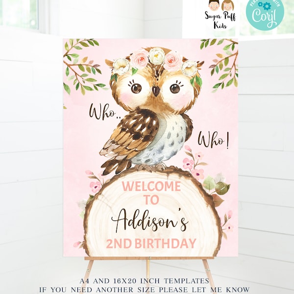 Printable Pink Floral Woodland Owl Welcome Sign, Editable Brown Owl Welcome Birthday Sign, Instant Download Owl Birthday Welcome Poster