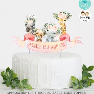 Instant Pink Floral Jungle Animals Cake Topper, Printable Floral Safari Animals Cake Topper, Editable 6 pouces Safari Birthday Caker Topper