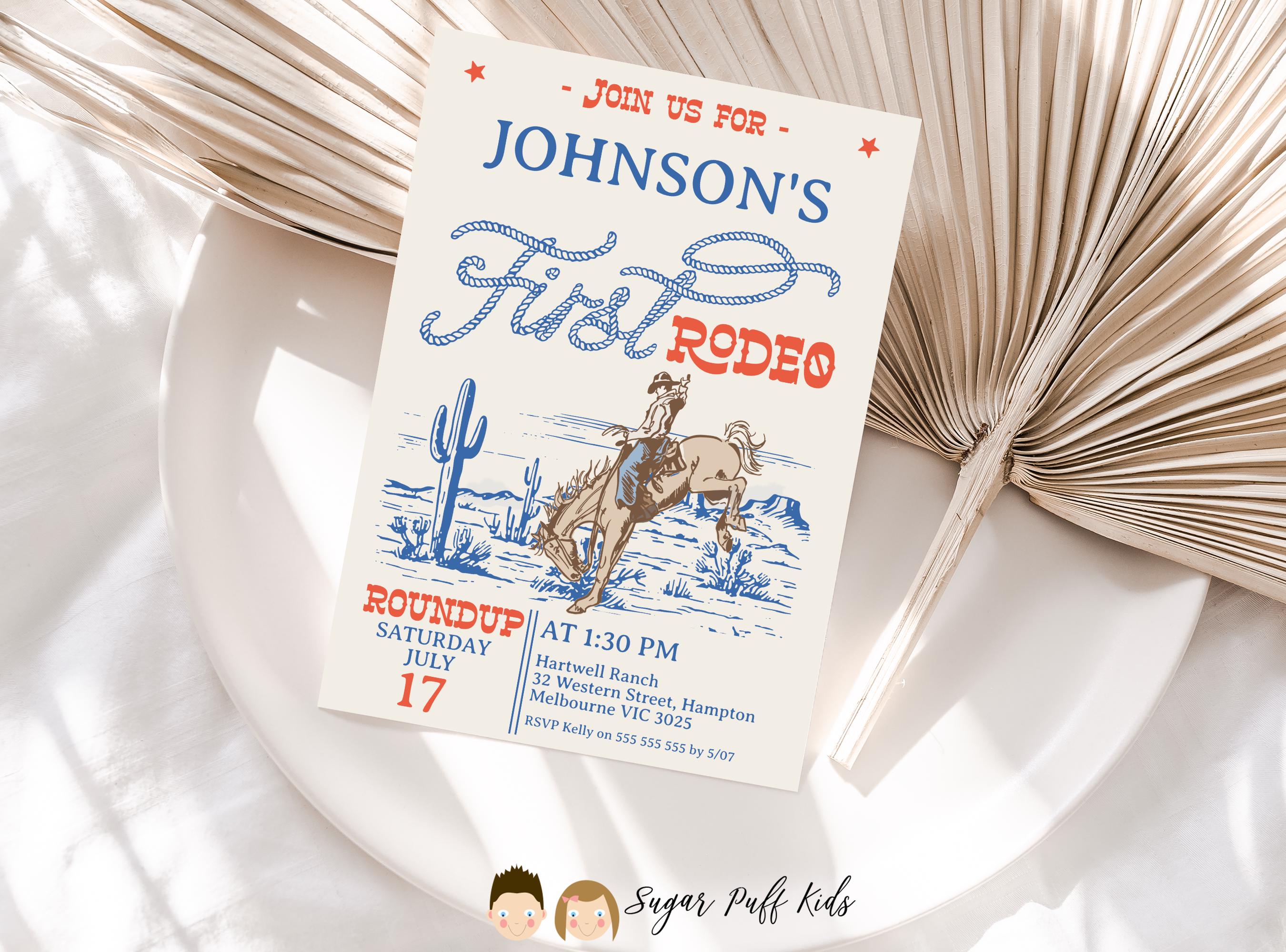 Boys First Rodeo Birthday Invitation, First Rodeo Birthday Invite, Bronco, Rope Text, Red Blue, Wild West, Southern Country, Cowboy RBR01
