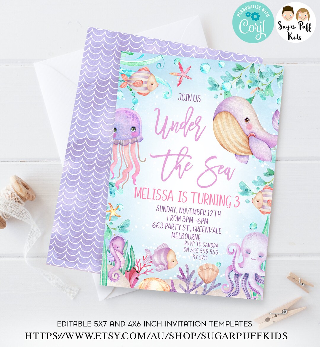 Editable Under the Sea Birthday Invite, Printable Girls Whale Under the Sea Invite, Instant ...