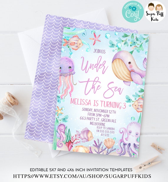 Editable Under The Sea Birthday Invite, Printable Girls Whale Under the Sea Invite, Instant Download Purple Under The Sea Invite Template Il_570xn